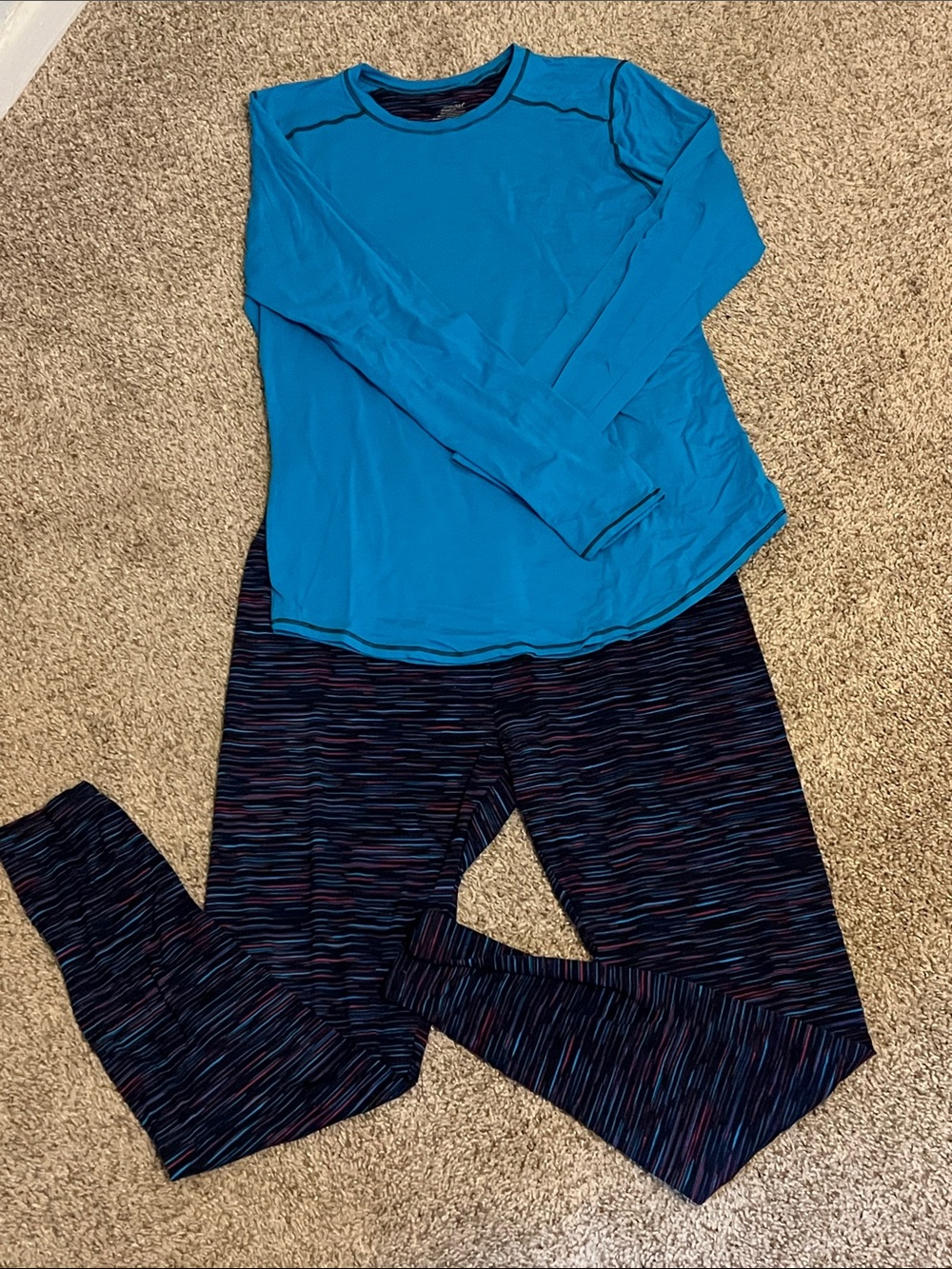 Women’s Teal Long-Sleeve Pajama Top and Striped Sleep Pants